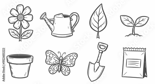 Black and White Line Art Gardening Elements Set with Hand-drawn Plant Life, Tools, Butterfly, and Seeds. Includes flower, watering can, shovel, seedling, pot, and leaf for nature themes.