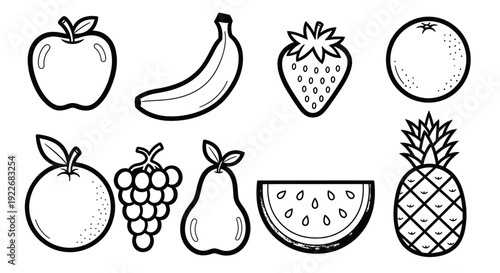 Black and White Line Art Food Icons Set: Assorted Fruits for Healthy Eating, Nutrition, and Kids Coloring Pages. Simple Fruit Outlines.