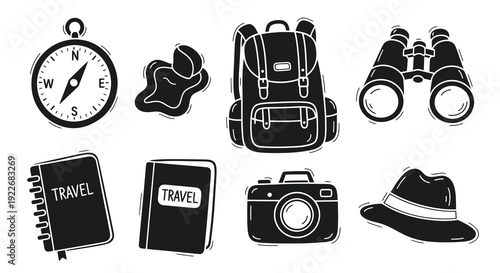 Travel Adventure Essentials Glyph Icons Set. Hand-drawn Black and White Doodle Objects for Journey, Vacation, Exploration, and Hiking Gear.