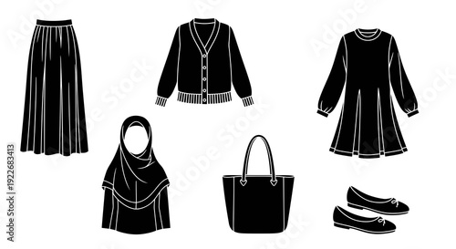 Modest Islamic Fashion Clothing  Accessories Vector Glyph Icons. Black  white collection features hijab, skirt, dress, cardigan, bag, and ballet flats.