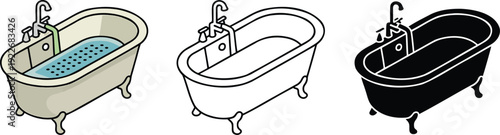 Bathtub silhouette & Outline and illustration set isolated on transparent background