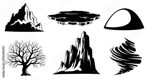 Monochrome Nature and Weather Elements Vector Glyphs. Black and White Icons of Mountains, Ice Floe, Bare Tree, Cave, and Tornado for Environment and Climate Concepts.