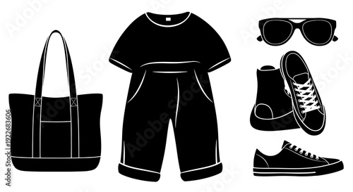 Black and White Fashion Outfit Vector Glyphs. Lifestyle apparel and accessories set including t-shirt, shorts, tote bag, sunglasses, and sneakers in minimalist line art.
