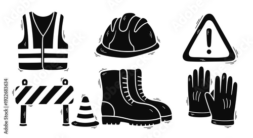 Hand-drawn Black and White Construction Safety Equipment Doodle. Industrial PPE Icons Set with Hard Hat, Vest, Boots, Barrier, Cone, and Warning Sign.