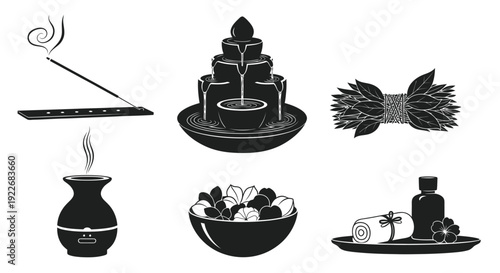 Spa  Wellness Relaxation Glyph Icons: Black  White Vector Set of Aromatherapy, Incense, Diffuser, Water Fountain, Essential Oils, and Natural Elements.