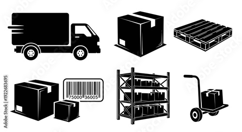 Black  White Vector Logistics Icons Set: Delivery Truck, Cardboard Boxes, Pallet, Barcode, Warehouse Shelving, and Hand Truck Silhouettes for Shipping