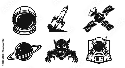 Monochrome Vector Illustrations Set: Space Exploration and Sci-Fi Elements featuring Astronauts, Rockets, Satellites, Planets, and a Demon