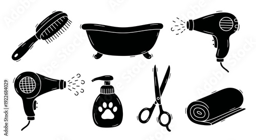 Pet Grooming Tools Doodle Silhouette Icons Set. Essential equipment for animal care: brush, bathtub, hair dryers, shampoo, scissors, towel. Black and white vector.