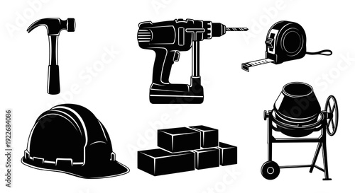 Construction Tools and Equipment Vector Icons. Hard Hat, Hammer, Drill, Measuring Tape, Bricks, and Cement Mixer in Black  White Glyph Style.