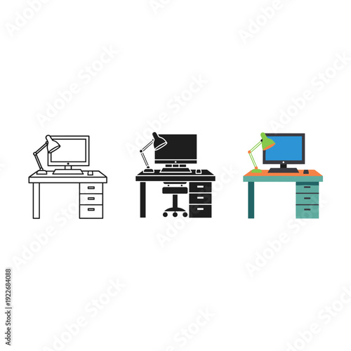 Three different computer workstations with various desk setups Vector
