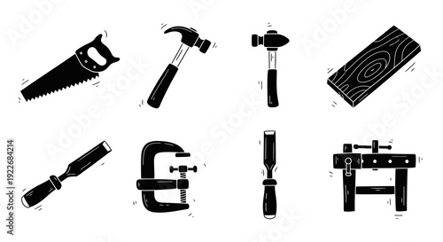 Hand-drawn Black Silhouette Woodworking and Carpentry Tools Glyph Icons Set, featuring a Saw, Hammers, Chisels, Clamp, Wood Plank, and Workbench.