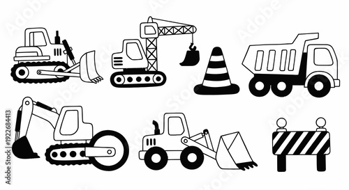 Construction Vehicles Black  White Line Art Set: Hand-Drawn Doodle Icons of Heavy Machinery, Crane, Dump Truck, Excavator, Bulldozer, Loader, Cone, Barrier
