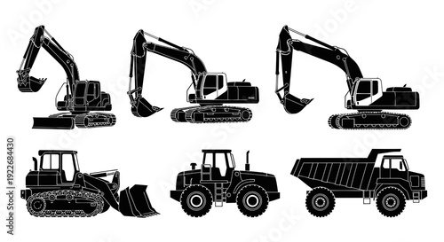 Construction Heavy Machinery Vector Set: Black  White Silhouettes of Excavators, Loaders, and Dump Truck for Industrial Graphics