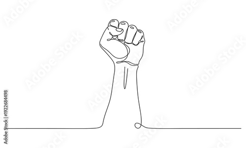 Continuous line drawing of strong fist raised up. Human arm with clenched fingers, one line drawing vector illustration