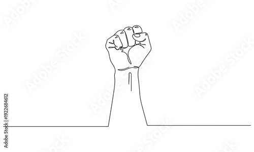 Continuous line drawing of strong fist raised up. Human arm with clenched fingers, one line drawing vector illustration