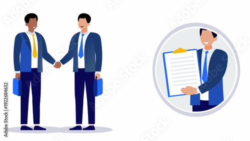 Businessmen shaking hands and holding documents in professional setting