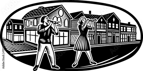 Silhouette of people playing music instrumet on the street with old town background