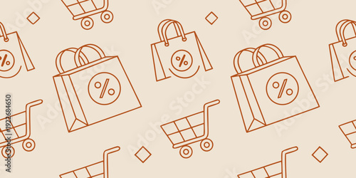 Discount shopping themed background with shopping carts and bags for store and business design needs