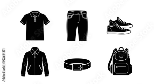 Fashion  Apparel Glyph Icons Set: Casual Clothing Essentials. Black  White Solid Icons featuring Polo Shirt, Jeans, Jacket, Sneakers, Belt, and Backpack.