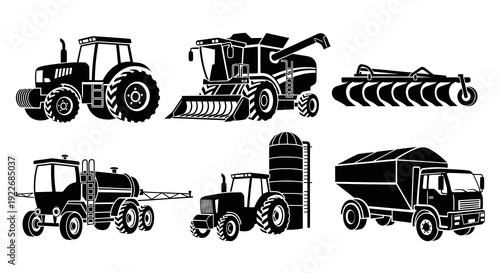 Agricultural Farm Machinery and Equipment Vector Silhouette Icons Set. Black and White Glyphs for Farming Industry - Tractor, Harvester, Plow, Sprayer, Truck.