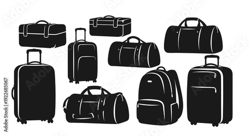 Travel Luggage and Baggage Collection: Black and White Silhouette Vector Icons of Suitcases, Duffel Bags, and Backpacks for Journeys and Vacations