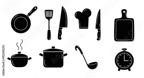 Black and White Glyph Icons Set of Kitchen and Cooking Utensils, Tools, and Equipment for Food Preparation