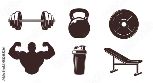 Gym Fitness Workout Vector Icons Set. Bodybuilding Graphic Collection with Barbell, Kettlebell, Weight Plate, Protein Shaker Bottle, and Adjustable Bench.