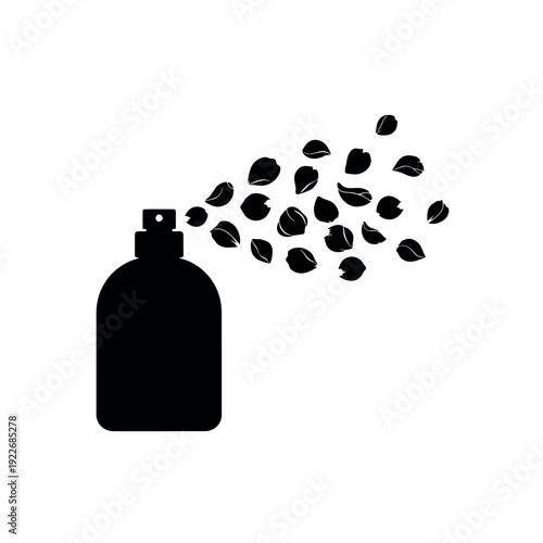 Spray bottle emitting petals, suggesting fragrance, aromatherapy, or natural beauty products.