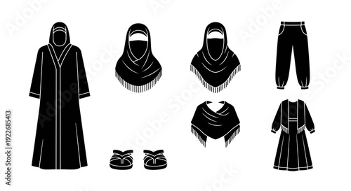 Islamic Modest Fashion Clothing Vector Icons: Abaya, Hijab, Niqab, and Traditional Muslim Garments in Black Silhouette Style