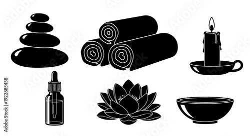 Spa and Wellness Vector Glyph Icons Set. Relaxation and Beauty Treatment Black and White Symbols: Hot Stones, Rolled Towels, Candle, Essential Oil, Lotus Flower, Bowl.