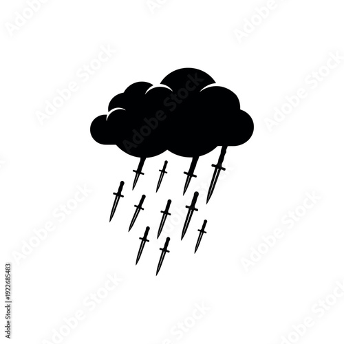 A dark black cloud raining sharp knives instead of raindrops, conveying a dangerous storm, harsh criticism, or a metaphor for severe misfortune.