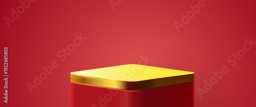 Golden square podium on a vibrant red background, perfect for product display or presentation. Vector illustration