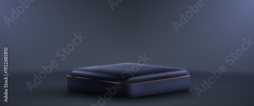 Elegant dark blue luxury product display stand with a golden stripe. A minimalist pedestal ideal for product presentation. Vector illustration