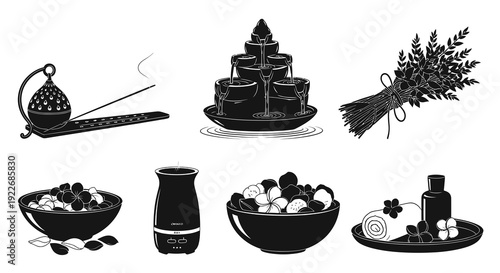 Spa and Wellness Black  White Silhouette Vector Icon Set. Aromatherapy and Relaxation Objects including Incense, Diffuser, Water Fountain, Herbs, Flowers, Oil, and Towel.