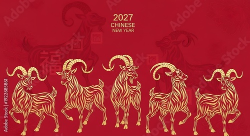 Elegant golden line-art goats stand against a red background featuring traditional floral patterns and 2027 Chinese New Year text in gold.