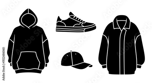 Fashion Apparel Glyphs Set: Black and White Line Art Icons of Casual Clothing including Hoodie, Sneaker, Cap, and Jacket for Streetwear Design