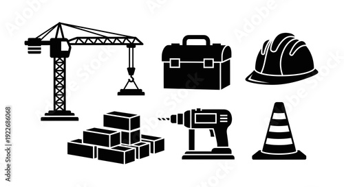 Construction Industry Glyph Icons Set. Essential Building Tools and Safety Equipment including Crane, Toolbox, Hard Hat, Bricks, Drill, Traffic Cone Vector Illustration.