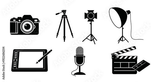 Flat Black  White Glyph Icons for Creative Professionals: Photography, Videography, Audio, and Digital Art Production Equipment