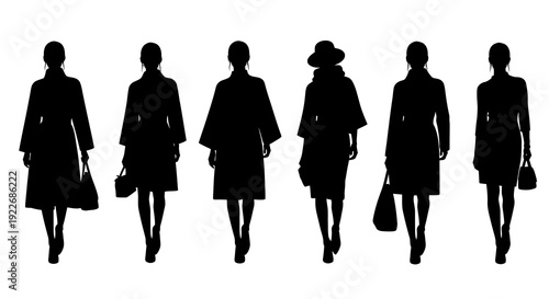 Fashion Industry Vector Silhouettes: Elegant Women in Coats, Dresses, and Hats with Handbags - Black and White Style Figures for Retail and Beauty