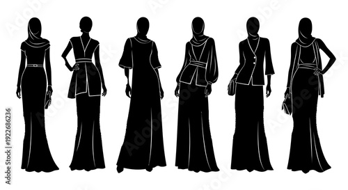 Elegant Modest Fashion Women Silhouettes. Black and White Vector Set of Hijab and Abaya Outfits.
