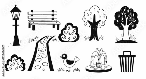 Black and White Hand-Drawn Sketch Park and Outdoor Elements Icons Set. Illustrations of Lamp, Bench, Path, Trees, Bushes, Bird, Fountain, Trash Can.