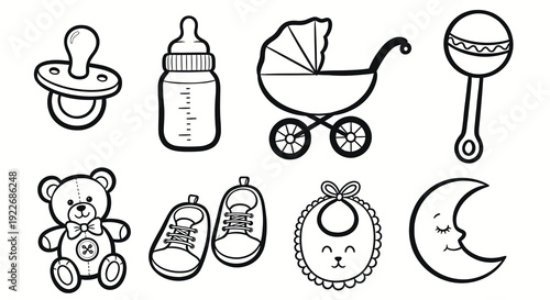 Baby Nursery Black and White Line Art Icons Set for Childcare and Newborn Essentials: Pacifier, Bottle, Stroller, Rattle, Teddy Bear, Shoes, Bib, Moon