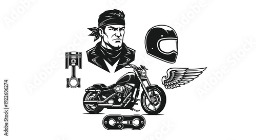 Automotive Biker Lifestyle Elements Black and White Vector Illustration Set featuring Motorcycle, Rider, Helmet, Piston, Wing, and Chain.