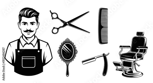 Barber Shop Tools and Equipment Vector Line Art Illustration. Black and white set with a professional barber man, scissors, comb, mirror, straight razor, and vintage chair icons.