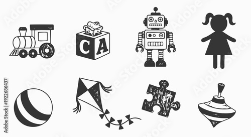 Black and White Hand-Drawn Sketch Illustration Set of Classic Children's Toys Including Train, Robot, Doll, Ball, Kite, Puzzle and Block