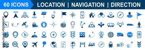 Set of 60 location icons in blue color style. Huge collection of location, navigation signs, GPS location symbols, map pointer icons
