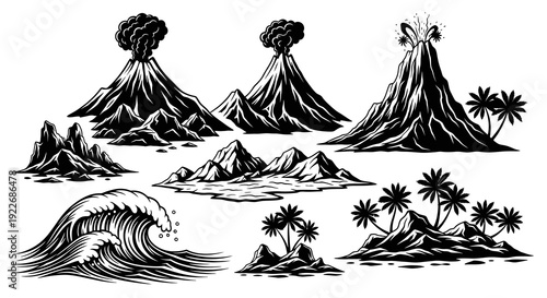 Monochrome Nature and Geography Vector Set: Black  White Line Art Illustrations of Erupting Volcanoes, Tropical Islands, Mountains, and Ocean Waves.