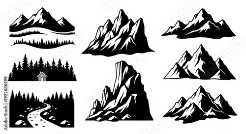 Iconic Black and White Graphic Vector Silhouettes of Outdoor Nature Landscapes: Mountains, Forests, Cabin, and Path for Adventure  Travel Design Assets