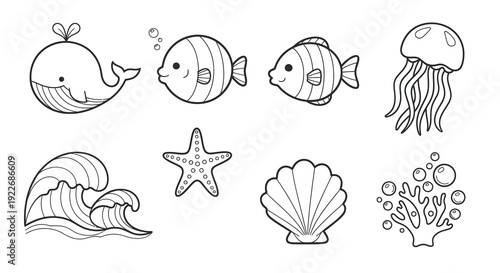 Black  White Line Art Ocean Marine Life Animals and Sea Elements Collection for Kids Coloring Book Pages and Nautical Designs