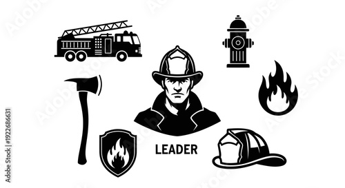Firefighting Emergency Services Glyph Icons Set Featuring Firefighter, Fire Truck, Hydrant, Axe, and Flame in Black and White Vector Style.
